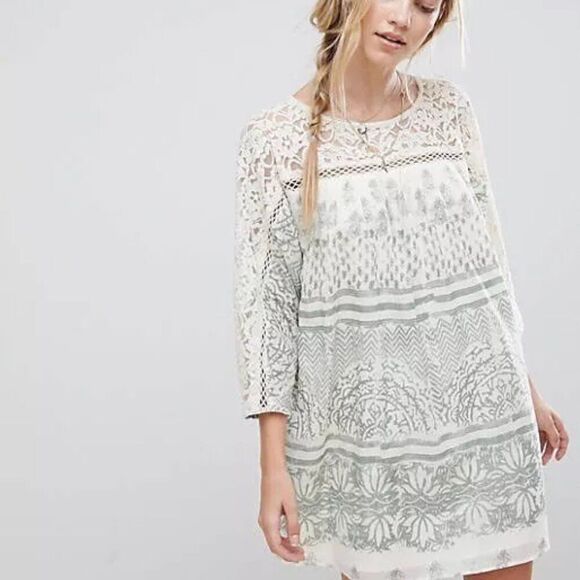 🌹 FREE PEOPLE 🌹 Sun Daze Lace Detail Minidress - [Large, Ivory/Green] - Picture 3 of 15